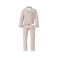 Competition cream BJJ gi front view showing tournament‑ready cut and reinforced stitching