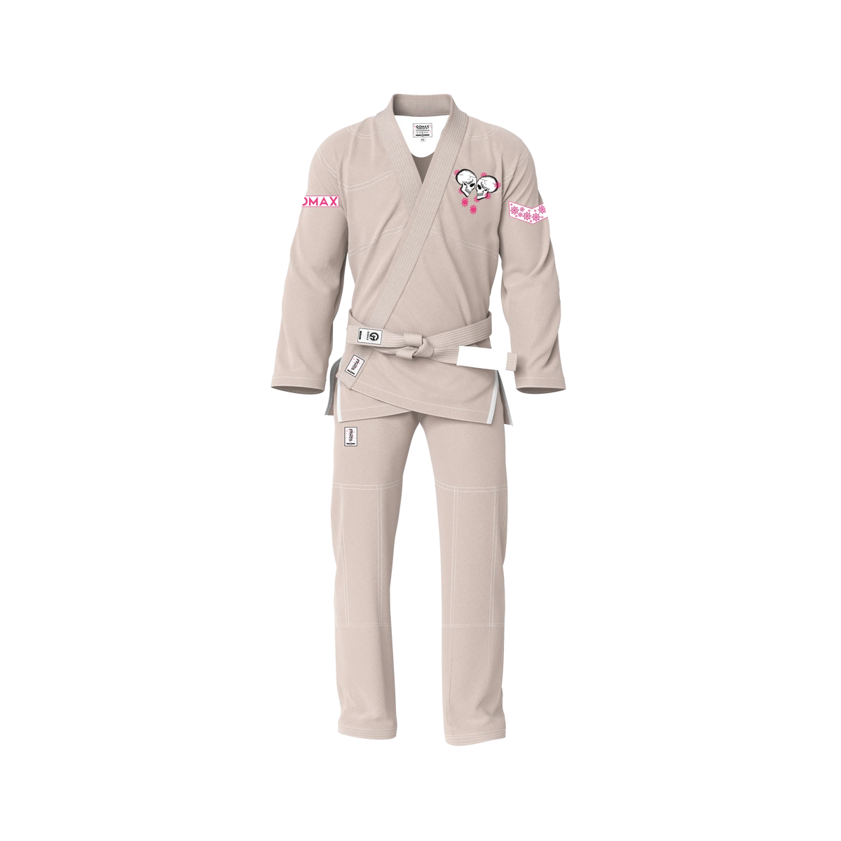 Competition cream BJJ gi front view showing tournament‑ready cut and reinforced stitching
