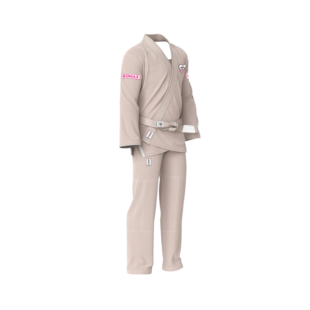 Fight day cream gi side angle highlighting athletic fit and competition‑grade pearl weave