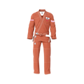 Competition orange BJJ gi front view showing IBJJF‑style cut and reinforced stitching