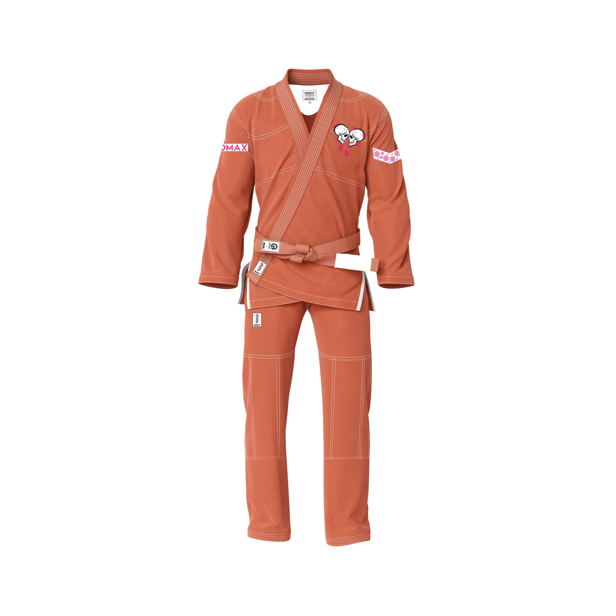 Competition orange BJJ gi front view showing IBJJF‑style cut and reinforced stitching