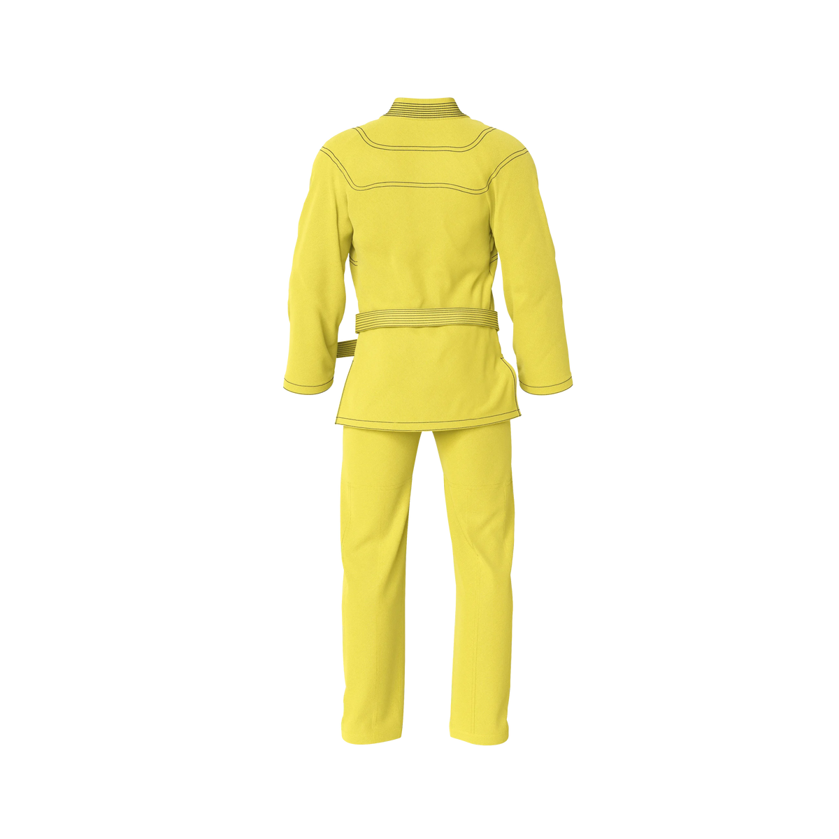 Tournament yellow BJJ gi back profile with durable seams for match‑ready performance