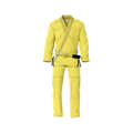 Competition yellow gi front view showing IBJJF‑style cut and reinforced stitching