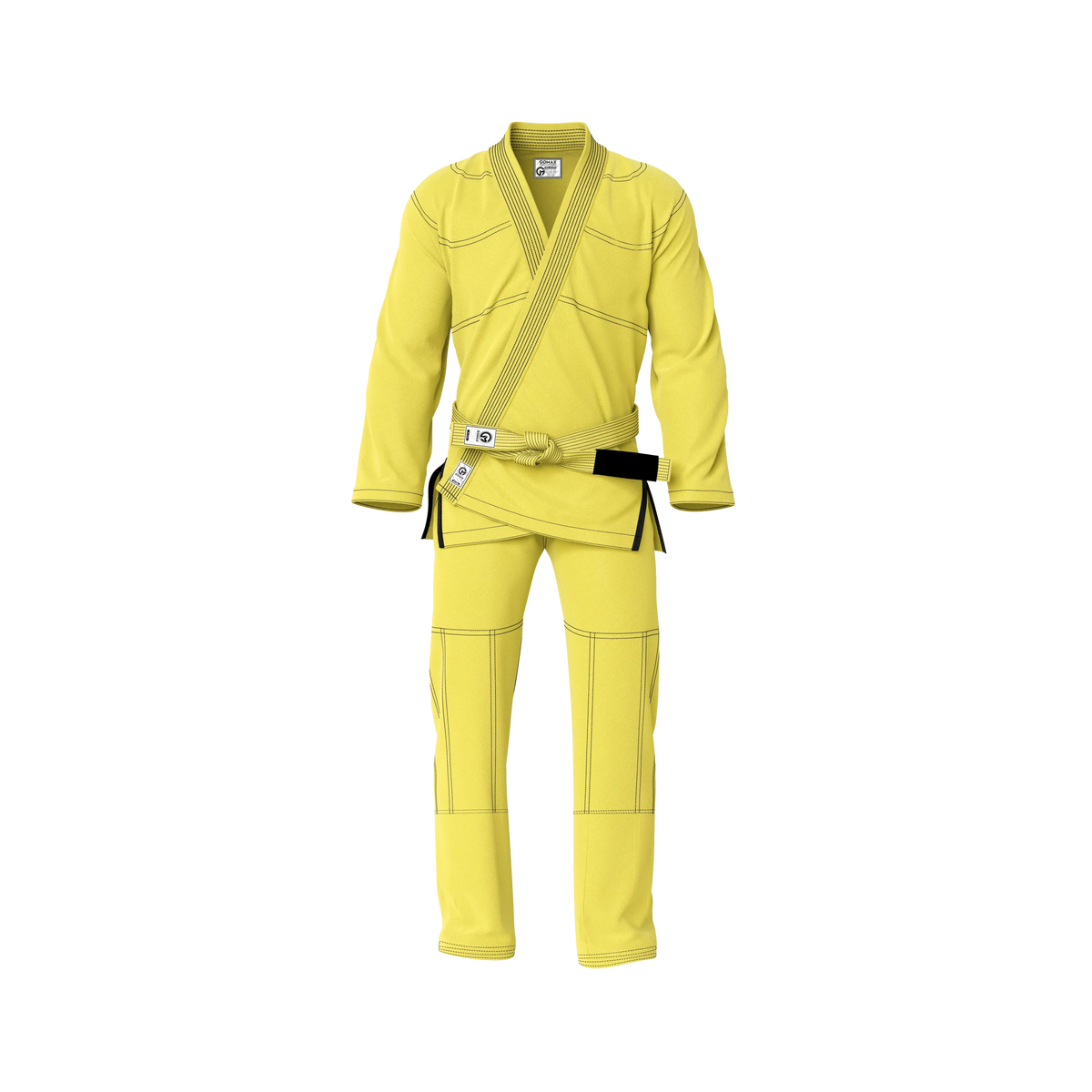 Competition yellow gi front view showing IBJJF‑style cut and reinforced stitching