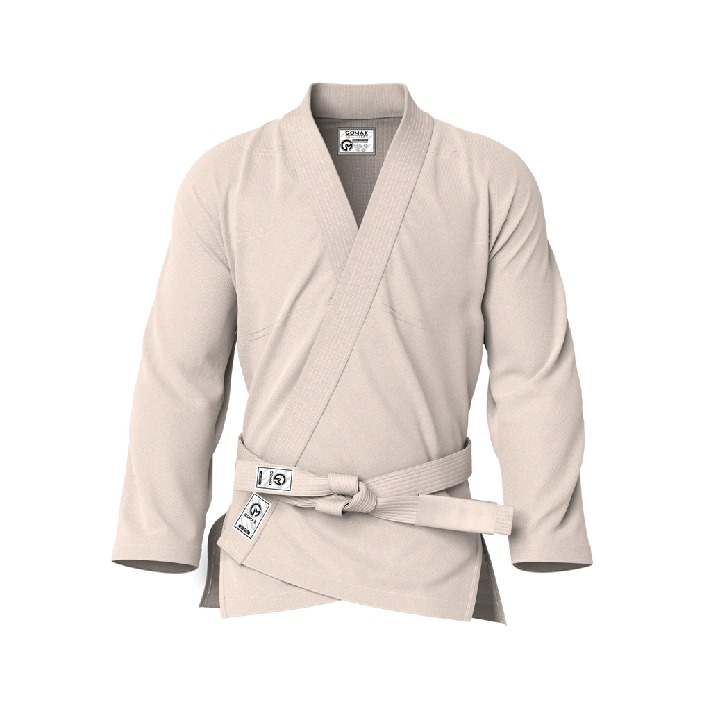 Front view of cream gi for beginners showing pearl weave texture and tailored fit for starter BJJ.