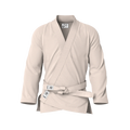 Front view of cream gi for beginners showing pearl weave texture and tailored fit for starter BJJ.