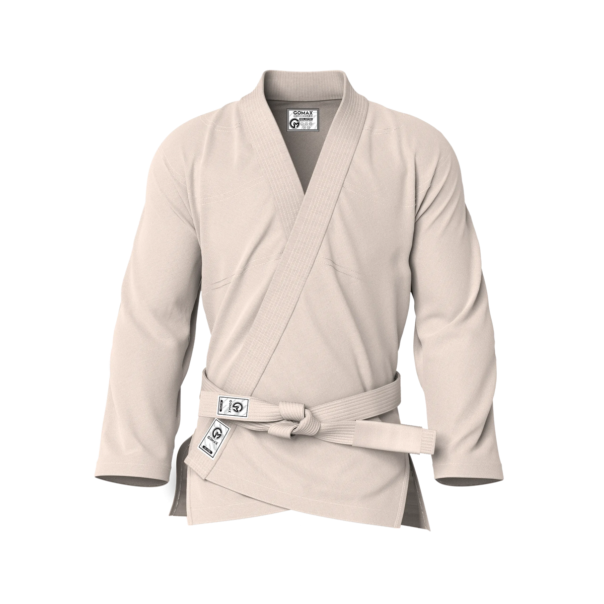 Front view of cream gi for beginners showing pearl weave texture and tailored fit for starter BJJ.