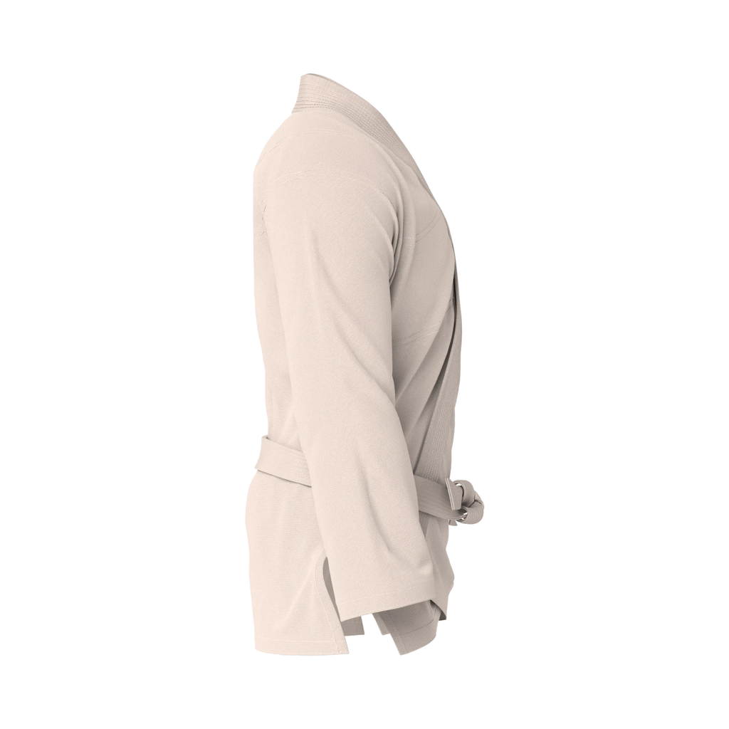 Side profile of starter cream BJJ gi highlighting reinforced stitching and lightweight construction.