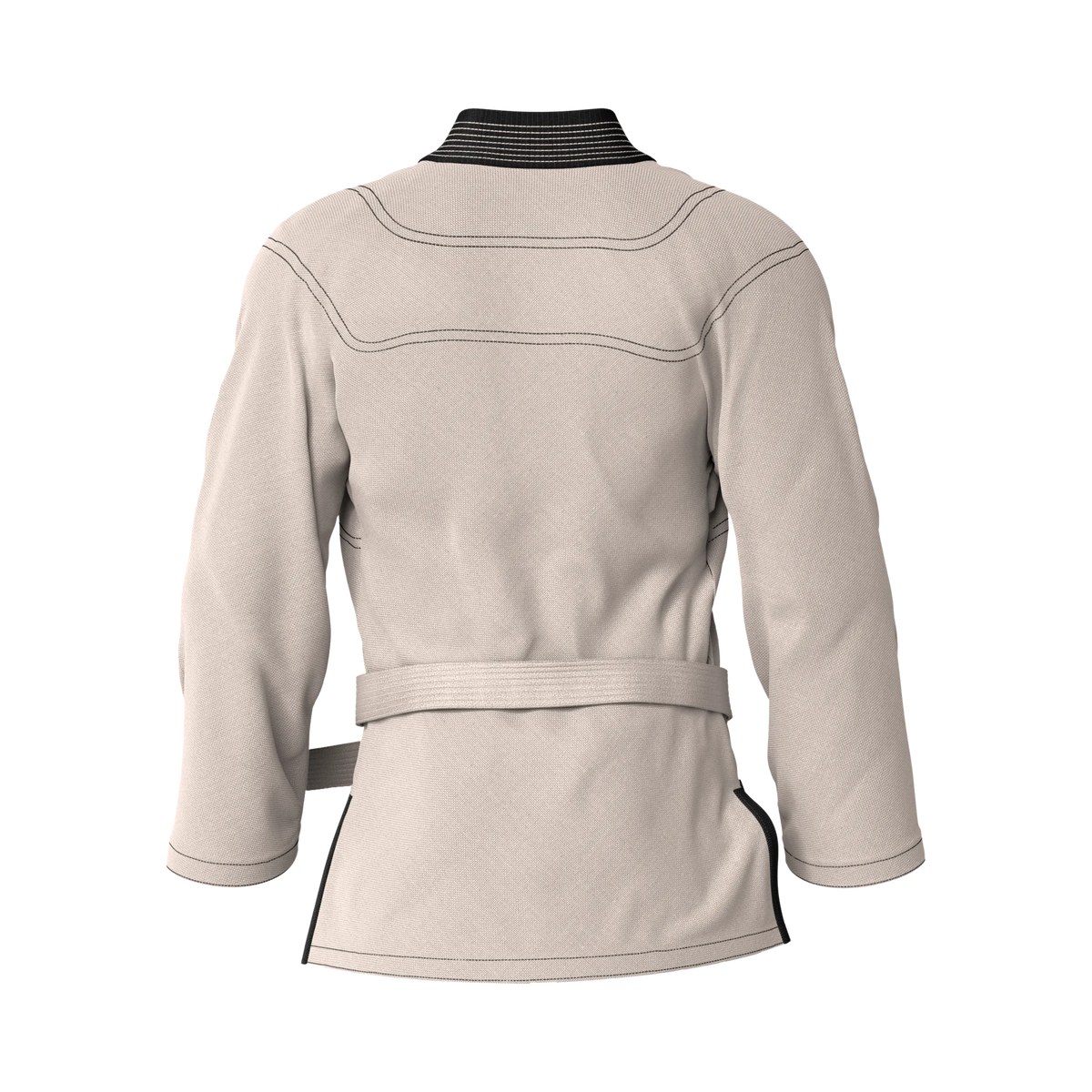 Back angle of cream BJJ gi for training designed for sparring and movement-focused grappling.