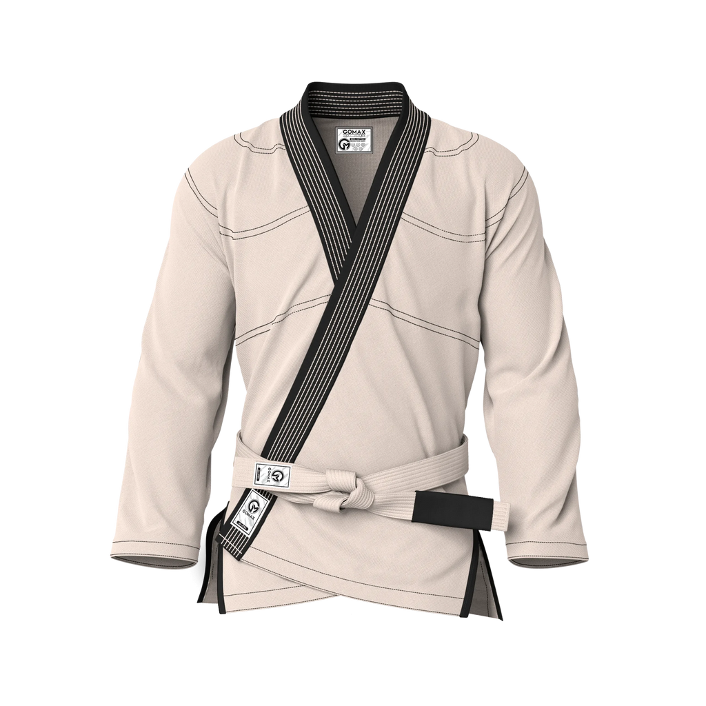 Front view of cream gi for training showing reinforced stitching and sleek fit for everyday BJJ drills.