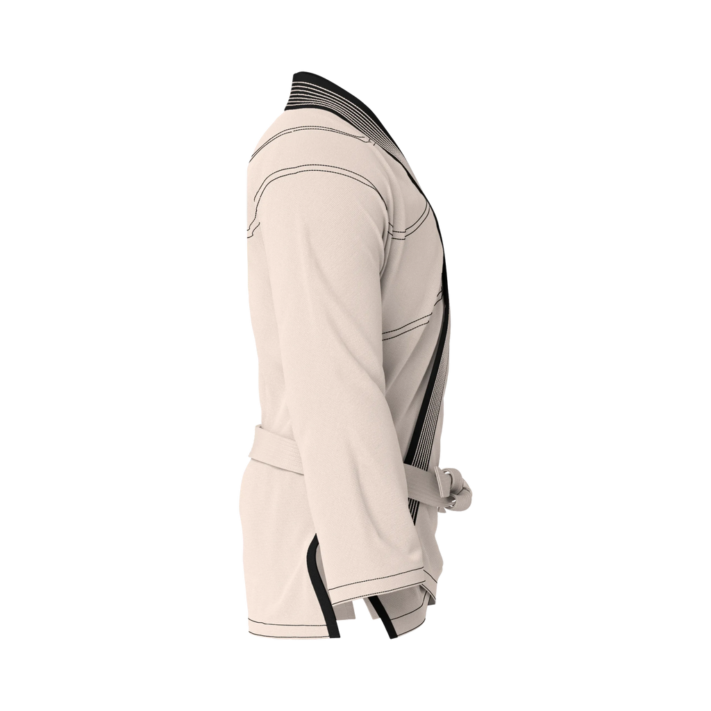 Side profile of everyday cream gi highlighting athletic cut and durable weave for drills and sparring.