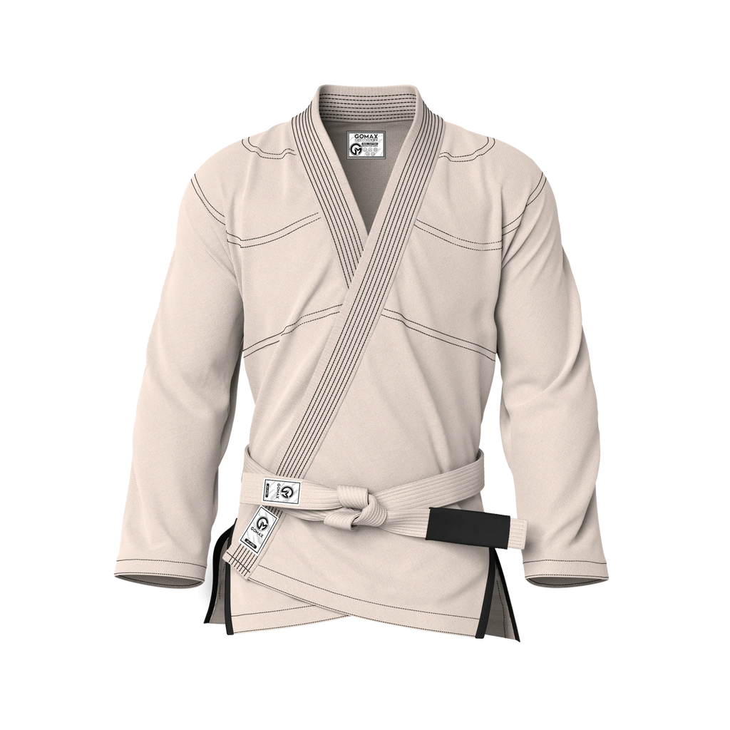 Front view of Cream Gi for Women showing tapered fit and feminine cut for BJJ training.