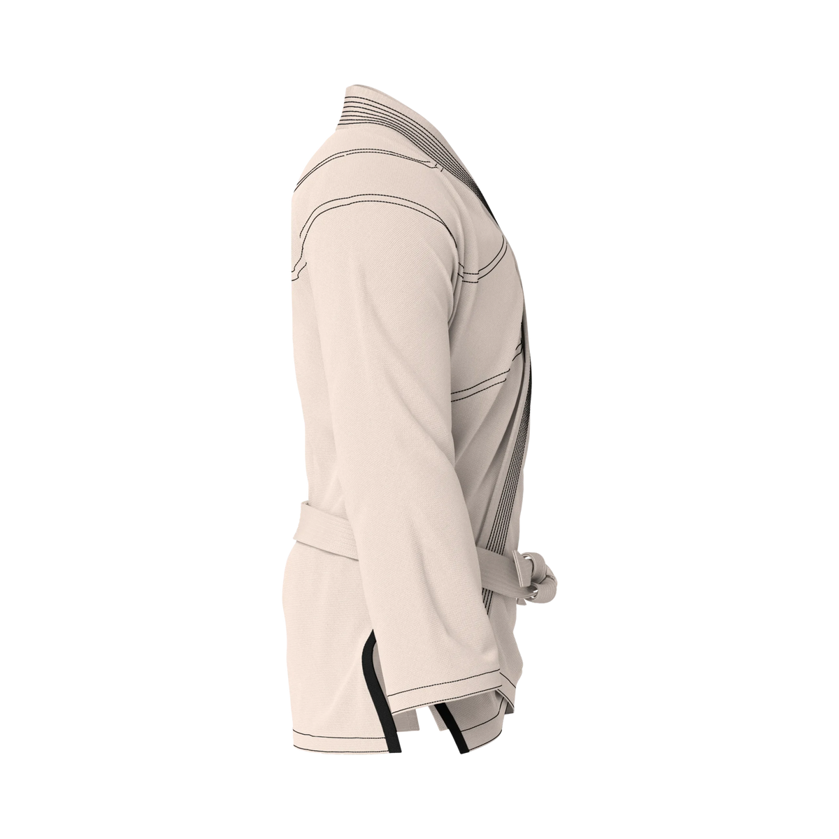 Side profile of female cut cream gi highlighting sleek silhouette and tailored comfort.