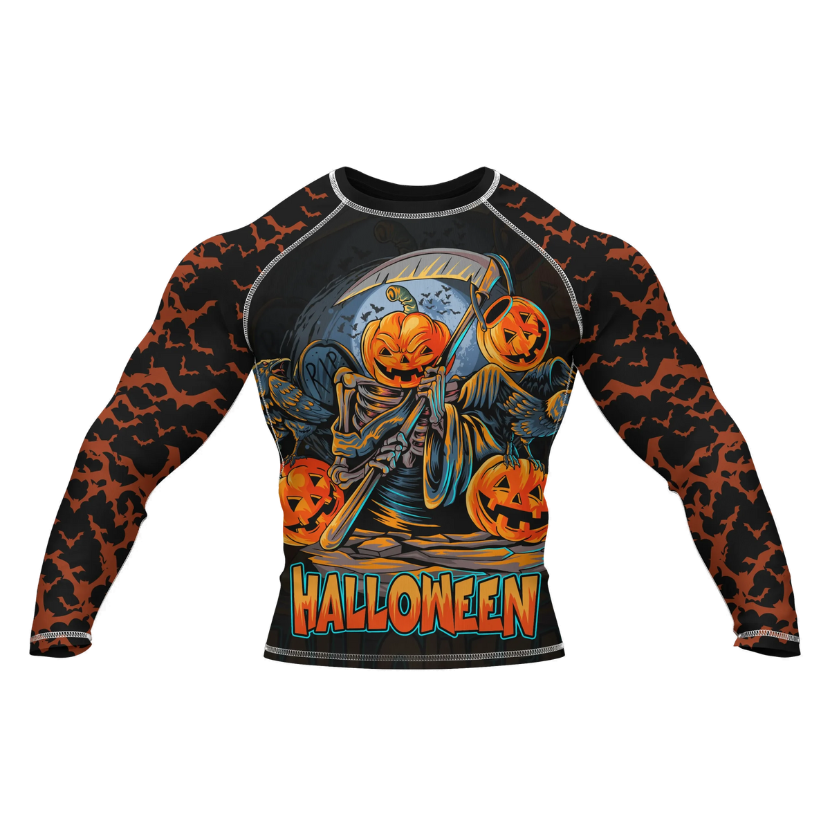 Halloween compression shirt with skull design for gym workouts