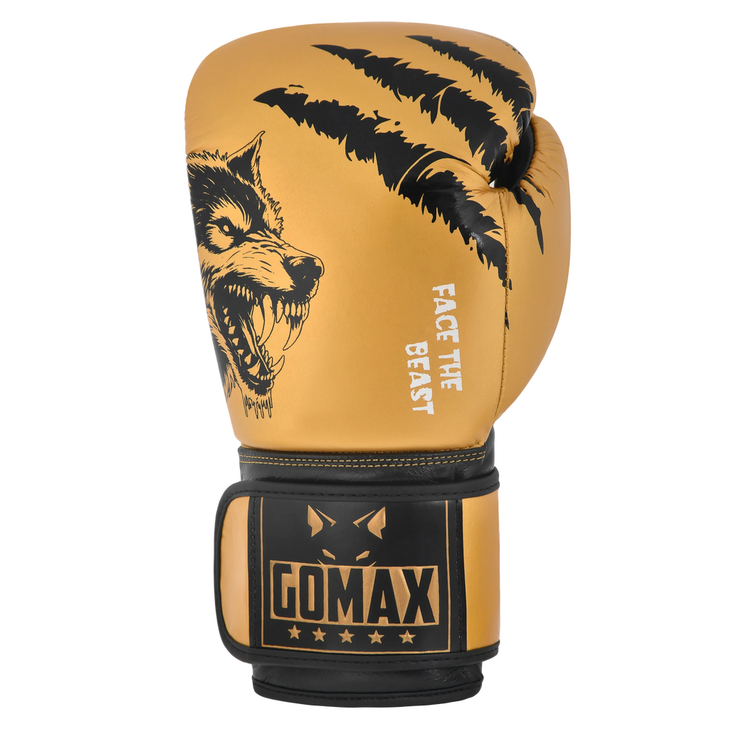 Iron Strike Pro Wolf Boxing Glove Golden/Black – premium leather boxing glove front view