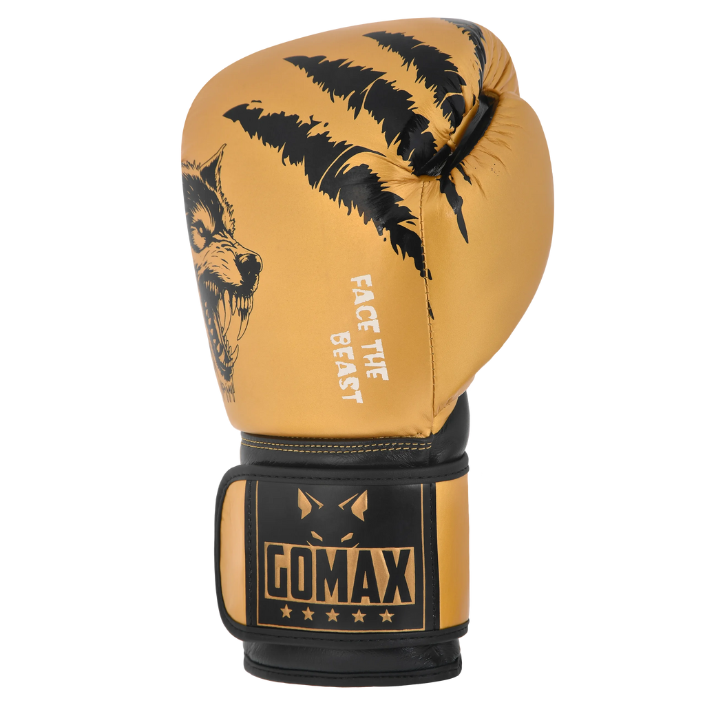 Custom boxing glove Wolf design Golden/Black – side angle view