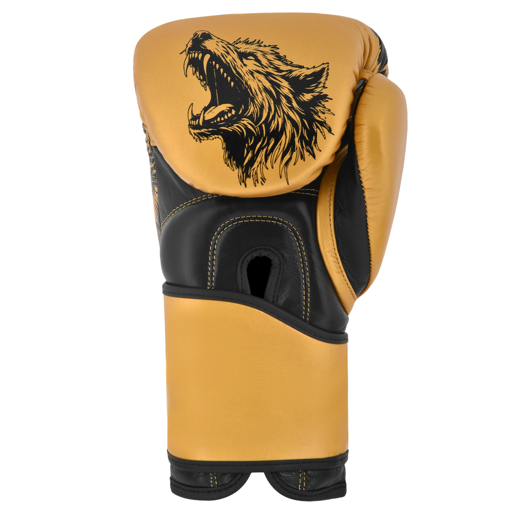 Professional boxing glove Wolf edition Golden/Black – back view with wrist support