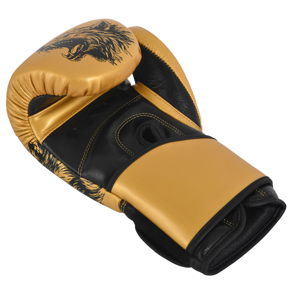 Durable Wolf boxing glove Golden/Black with antimicrobial inner lining – Iron Strike Pro