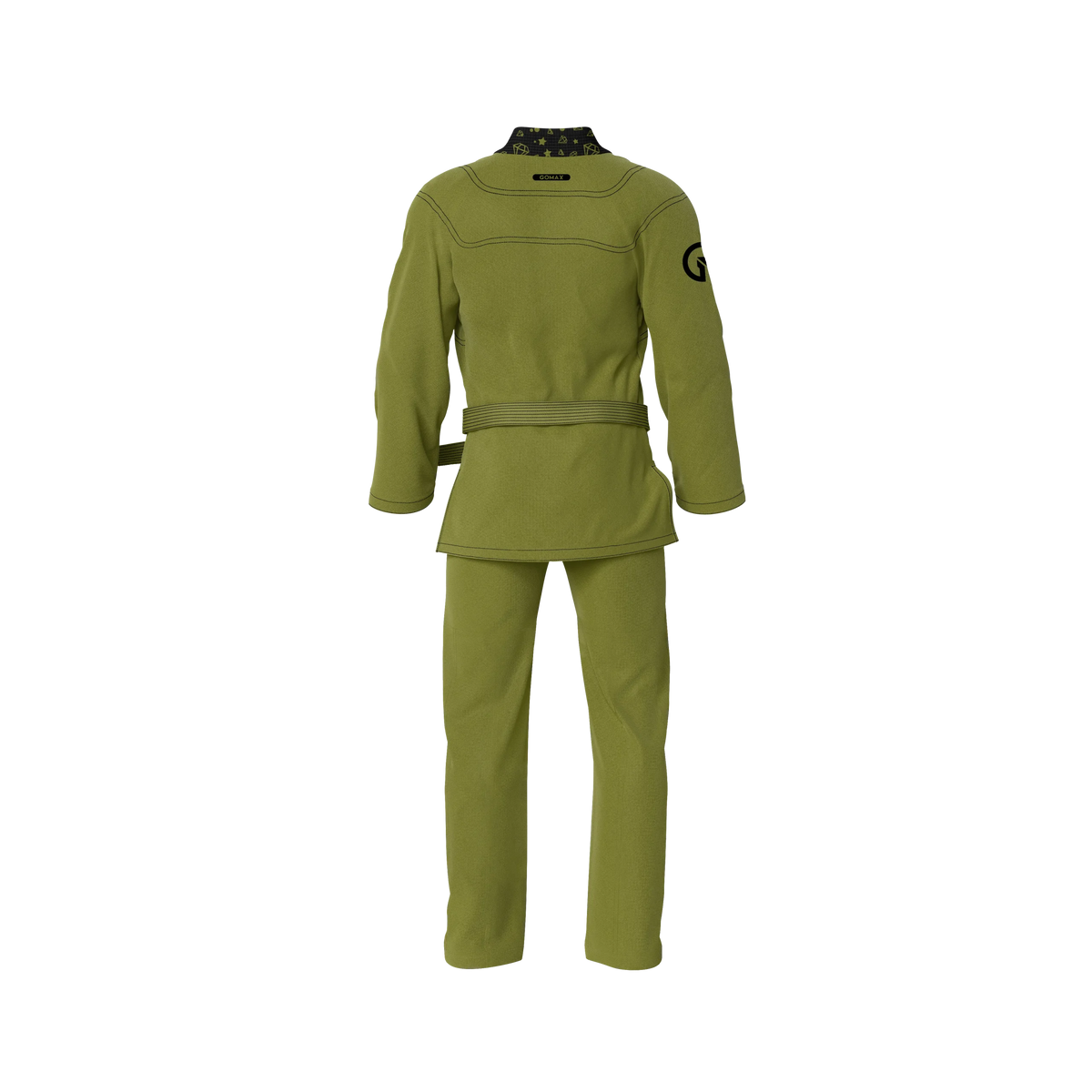 Green gi for female athletes laid flat with reinforced seams and breathable fabric panels