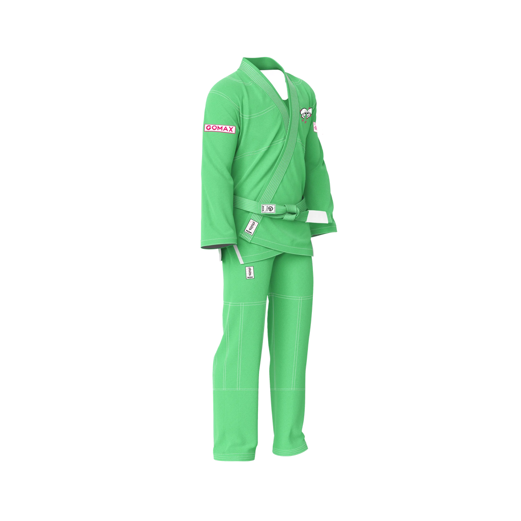 Fitted green gi side angle highlighting tapered pants and streamlined profile
