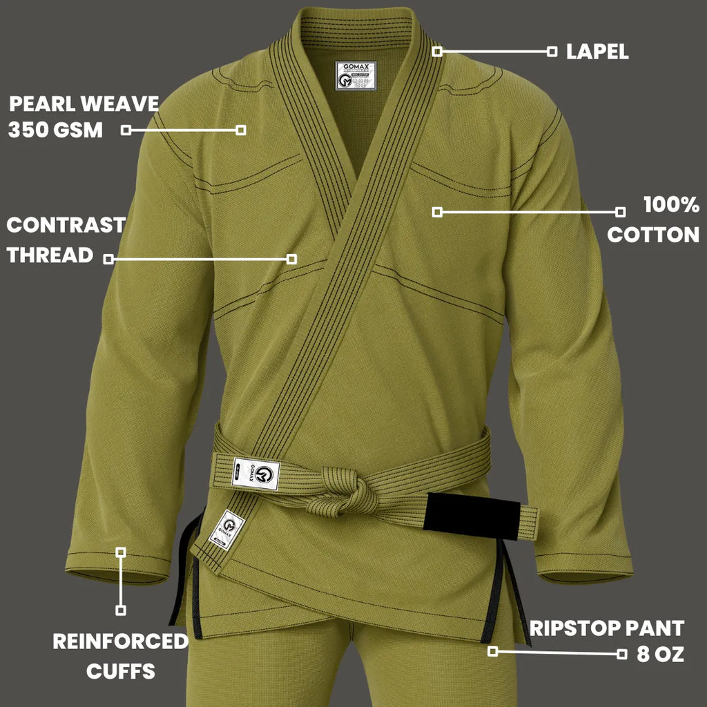 Entry-level green gi displayed with pearl weave jacket and reinforced seams