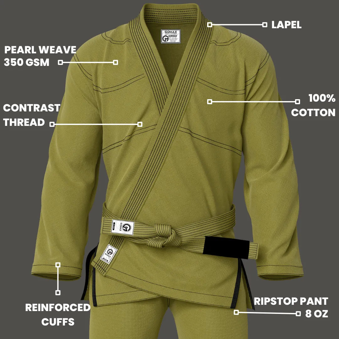 Entry-level green gi displayed with pearl weave jacket and reinforced seams