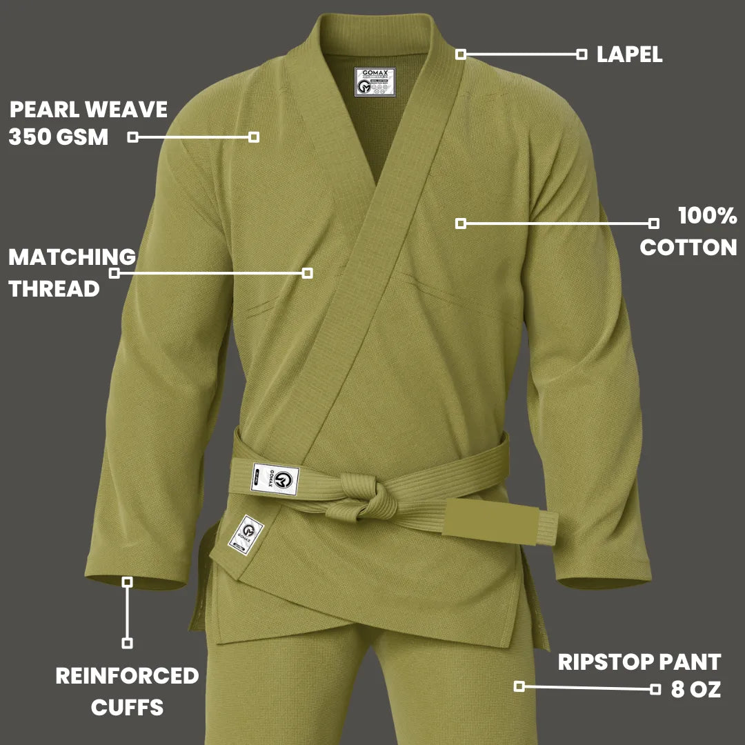 Cool BJJ gi laid flat with pearl weave jacket and contrast stitching