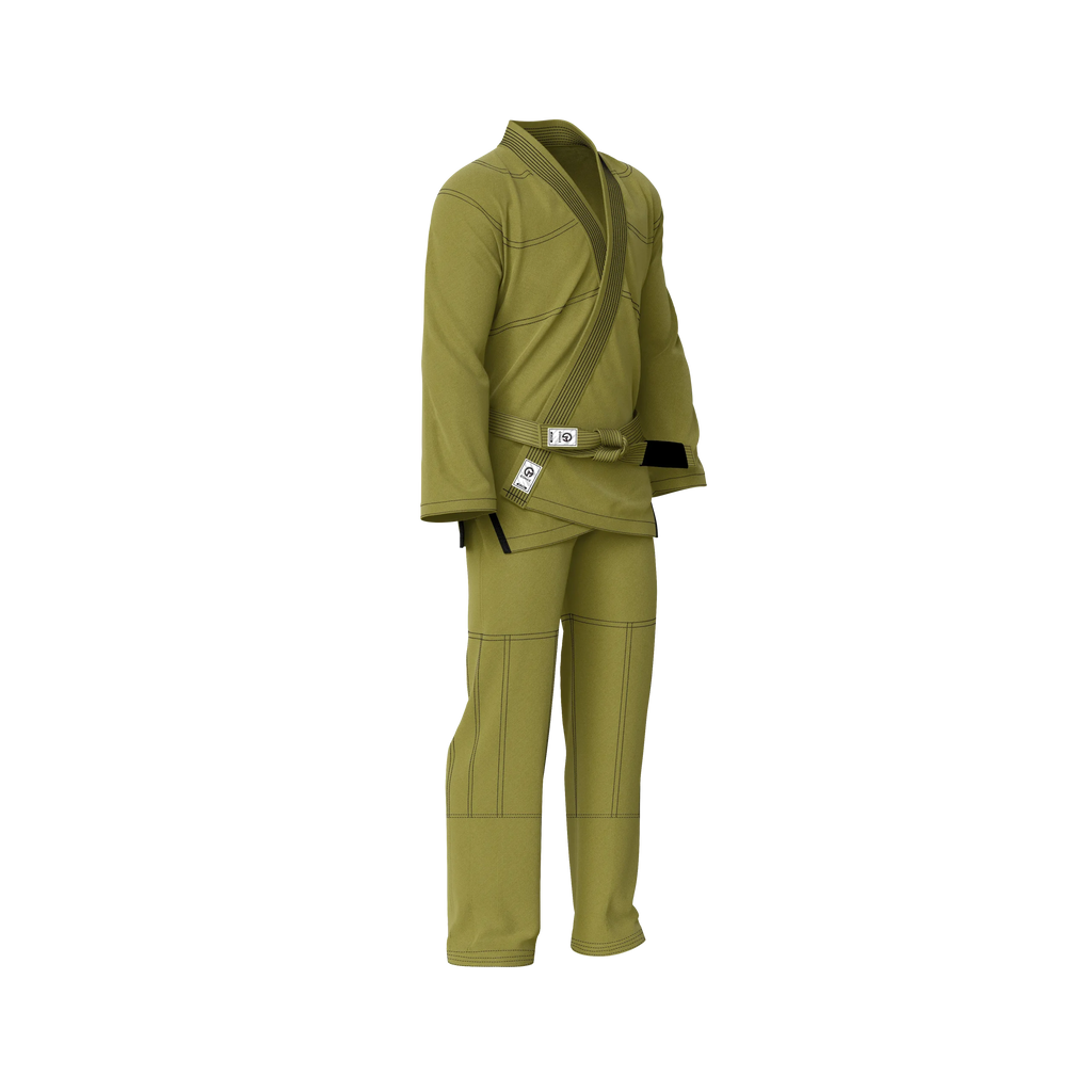 Basic green gi laid flat with breathable cotton weave and ripstop pants