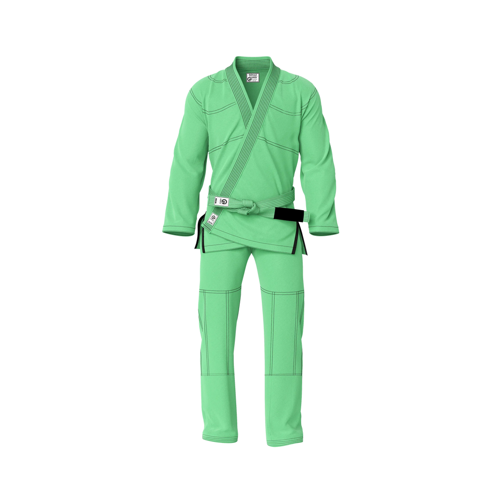 Green gi for bold style front view highlighting vibrant design and durable cotton weave