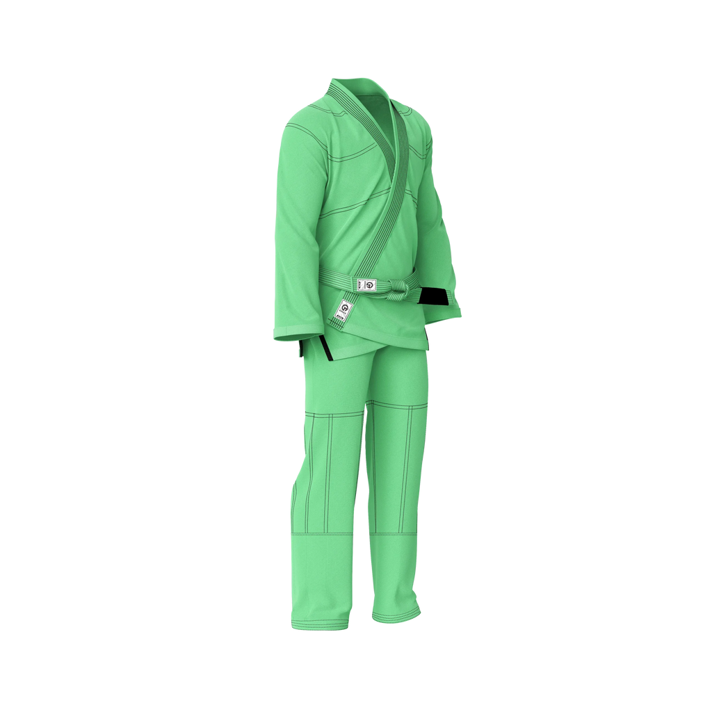 Bright green jiu jitsu gi side angle showcasing comfort, flexibility, and bold aesthetic