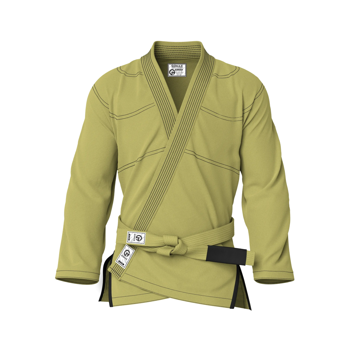 Front view of green gi for competitors showing IBJJF legal cut and reinforced stitching for belt testing.