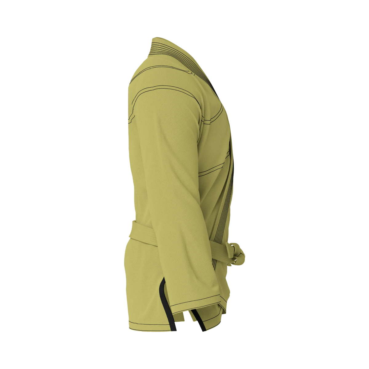 Side profile of green gi for belt testing highlighting athletic fit and durable pearl weave texture.