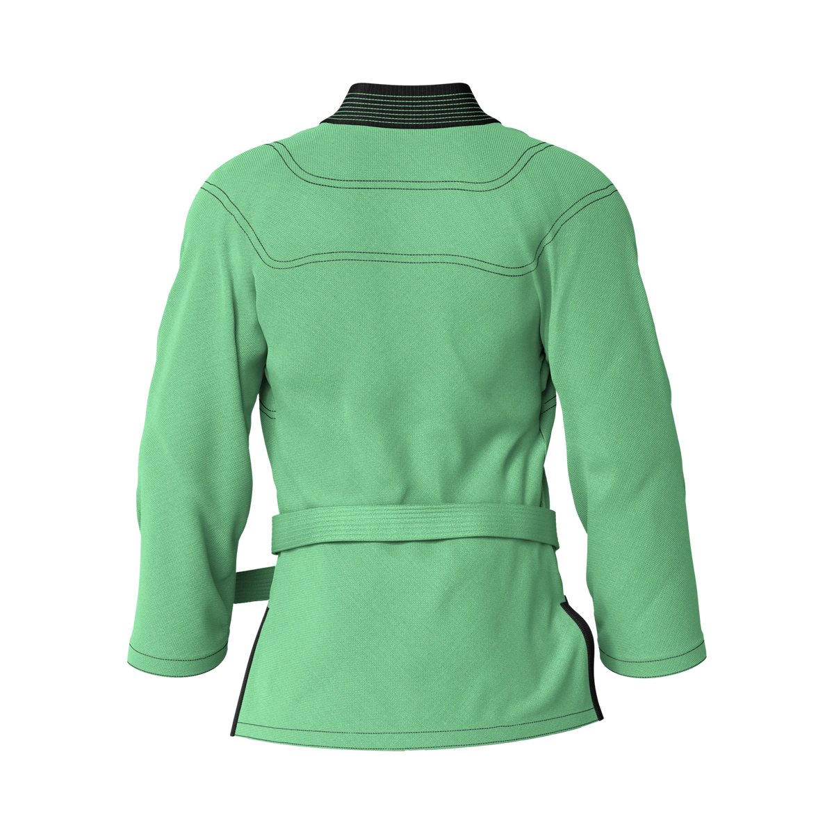 Back angle of low-impact green gi crafted with recycled fabric for environmentally mindful jiu jitsu training.