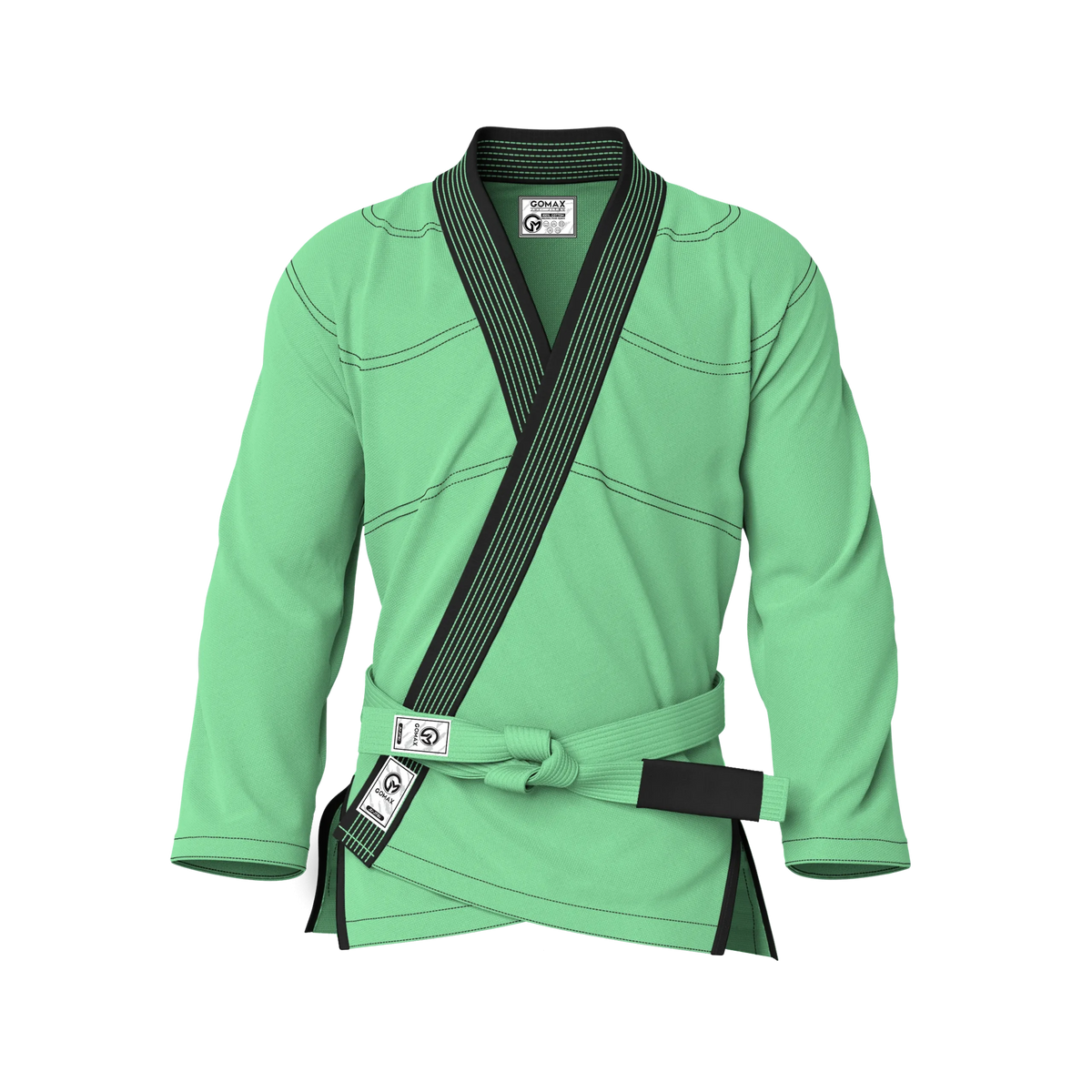Front view of green gi for eco-conscious athletes showing organic cotton weave and sustainable design.