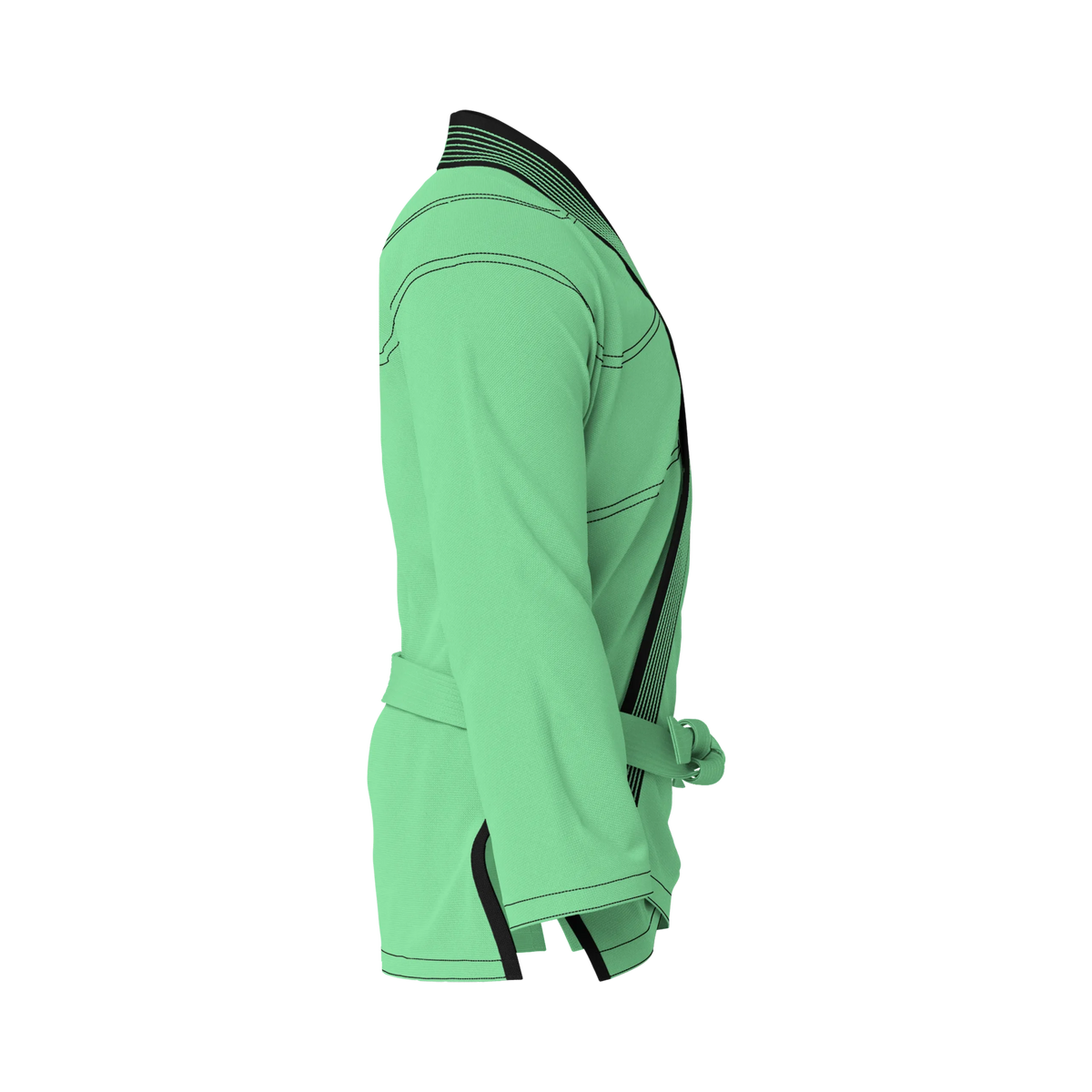 Side profile of sustainable green BJJ gi highlighting tapered fit and eco-friendly construction.
