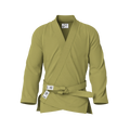 Front view of green gi for first-time buyers showing lightweight pearl weave and beginner-friendly fit.