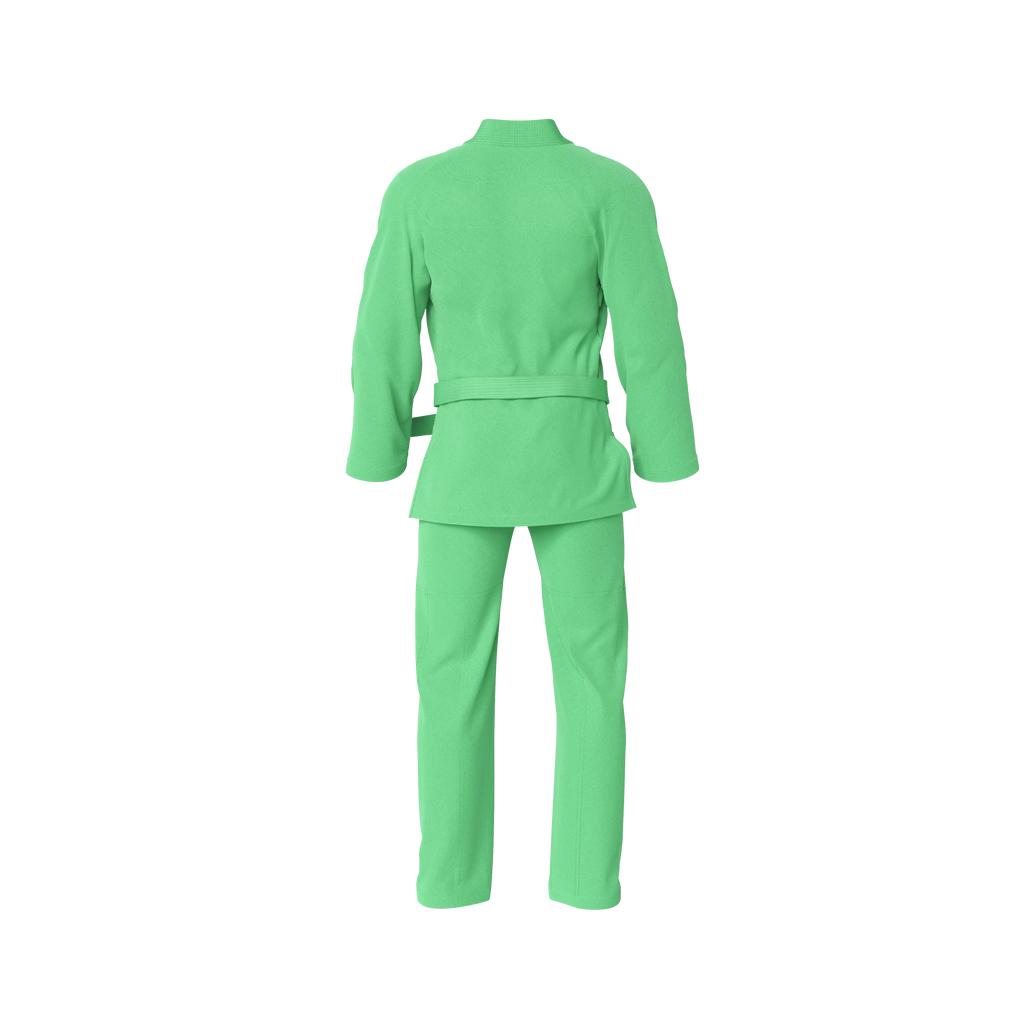 Junior green gi back profile with reinforced stitching for youth BJJ training