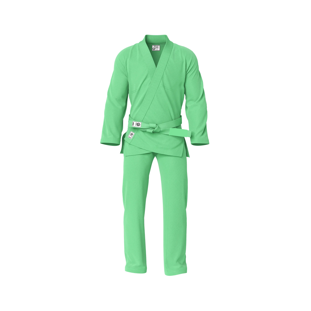 Green gi for kids front view showing playful design and durable cotton weave