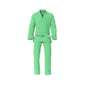 Green gi for kids front view showing playful design and durable cotton weave