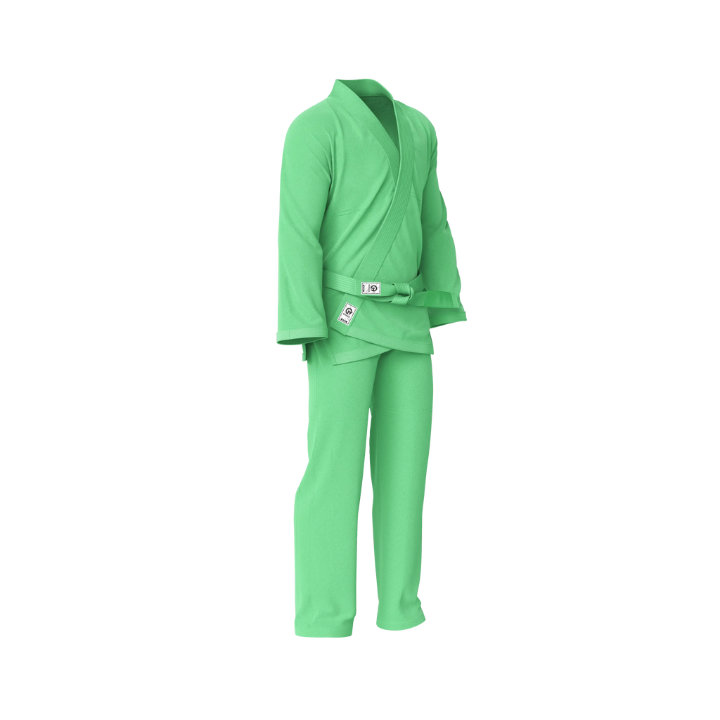 Playful green gi for boys & girls side angle highlighting comfort and mobility