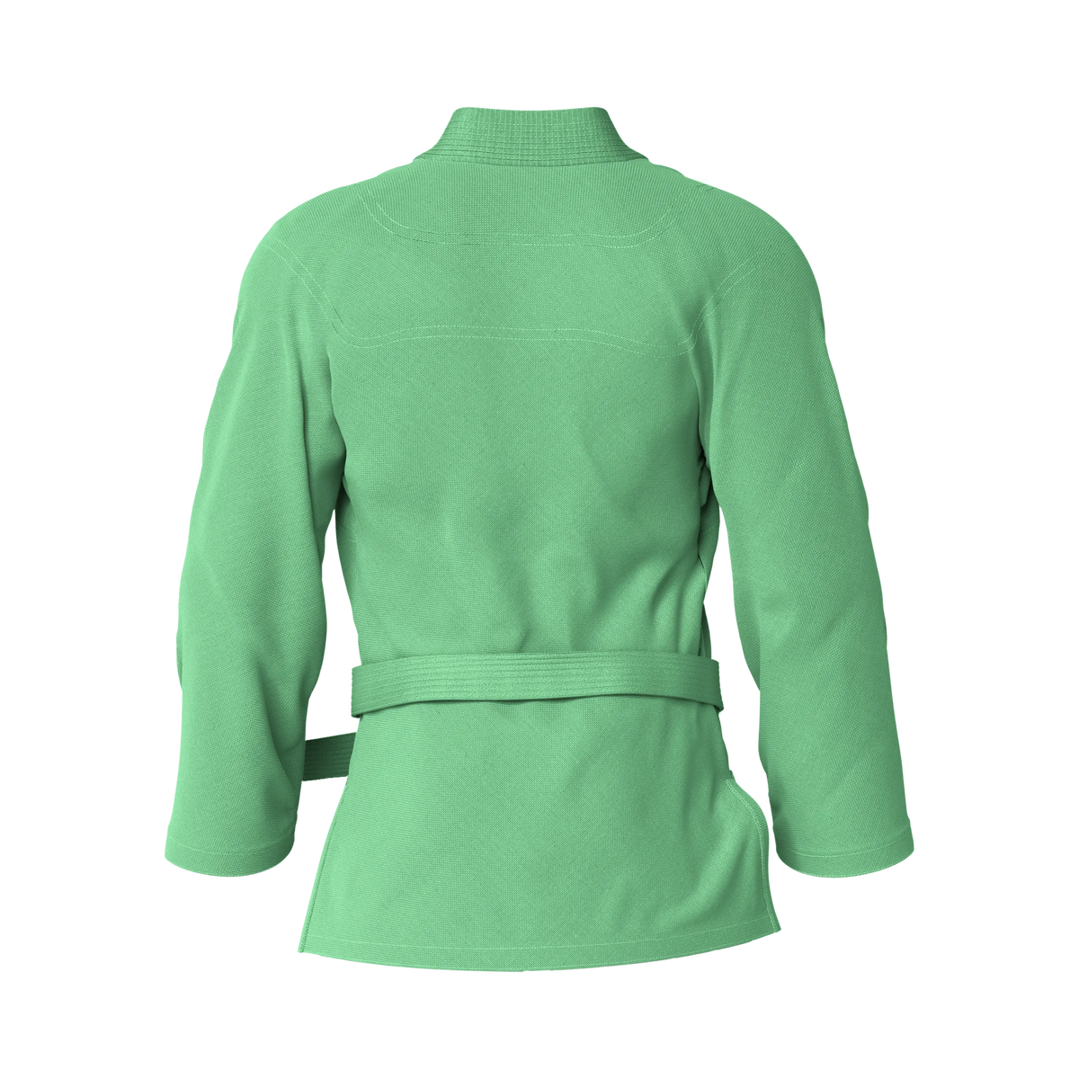 Back angle of fashion-forward green gi tailored for grappling and everyday movement.
