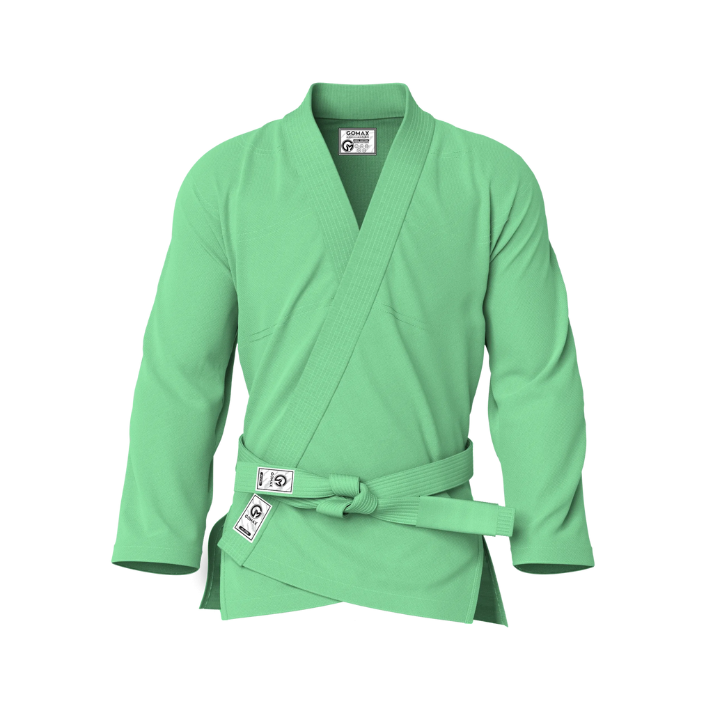 Front view of green gi for lifestyle showing sleek design and casual fit for gym-to-street wear.