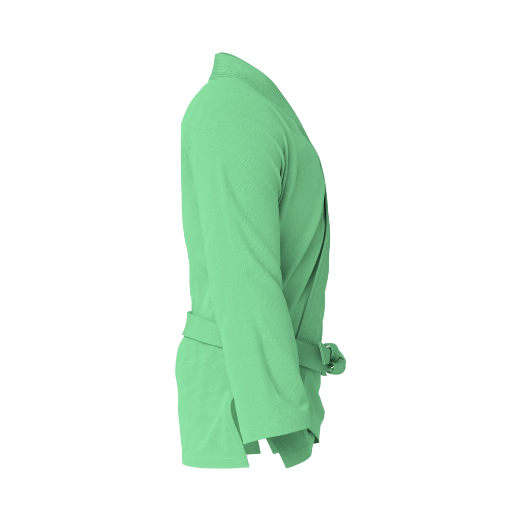 Side profile of casual green BJJ gi highlighting lightweight texture and lifestyle-ready silhouette.