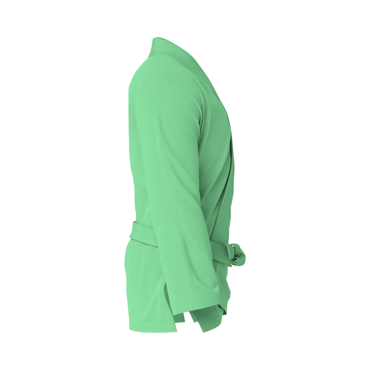 Side profile of casual green BJJ gi highlighting lightweight texture and lifestyle-ready silhouette.
