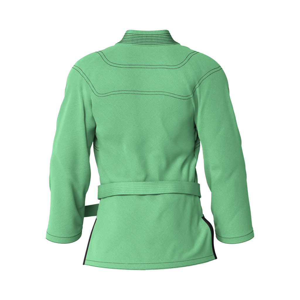 Back angle of school-approved green gi tailored for youth drills and structured BJJ training.