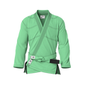 Front view of green gi for youth classes showing reinforced stitching and fit for junior belts and kids’ programs.