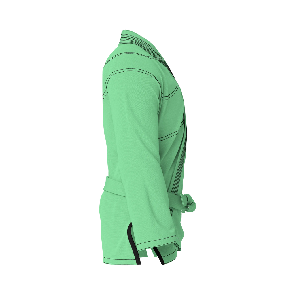 Side profile of green gi for kids’ programs highlighting pearl weave texture and movement-ready design.
