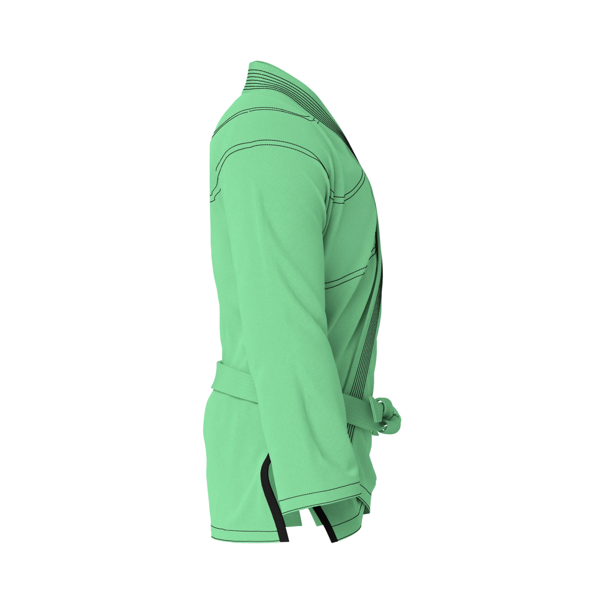 Side profile of green gi for kids’ programs highlighting pearl weave texture and movement-ready design.