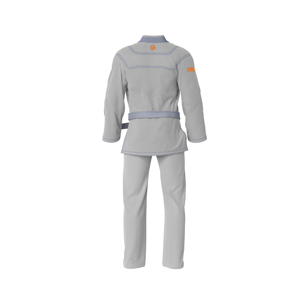 Lightweight grey gi for men featuring reinforced stitching and tapered fit