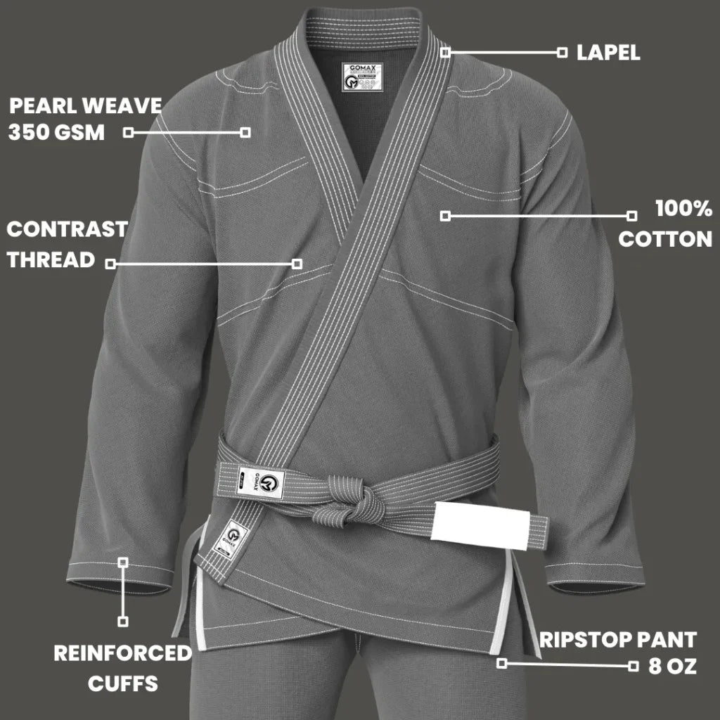 Travel-friendly grey gi packed for lightweight jiu jitsu seminars